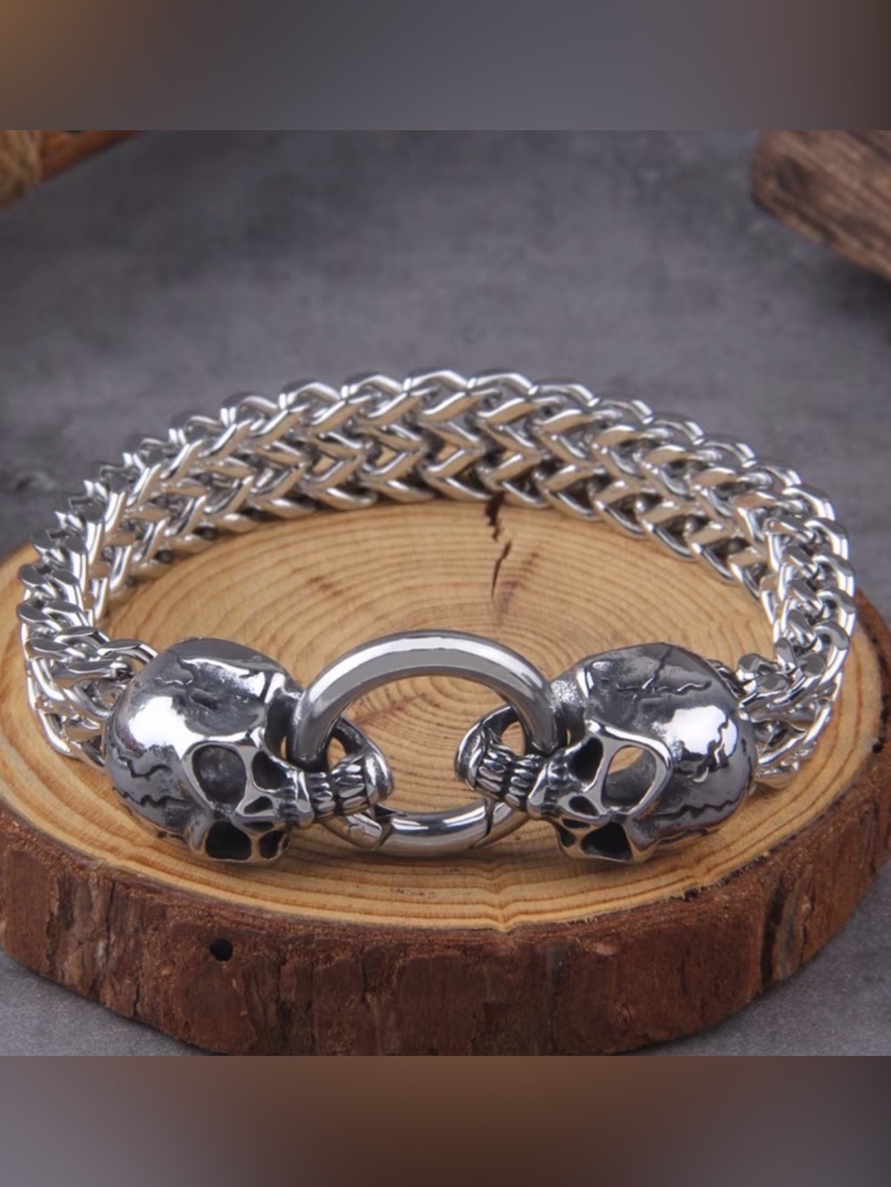 Stainless Steel Double Skull Chain Bracelet - Heavy Link Statement